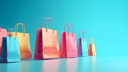 Brightly colored shopping bags lined up in a row on a vibrant blue background, ideal for retail or e-commerce themes.