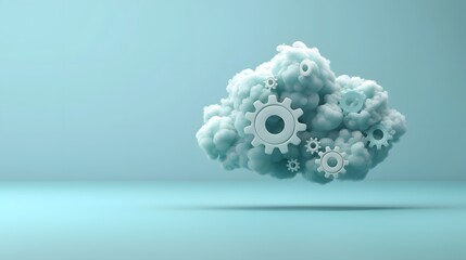 Poster - Cloud computing concept with gears in a cloud shape, representing technology and innovation in a blue pastel background.