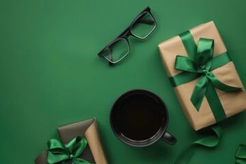 Wall Mural - A green background with a cup of coffee and a pair of glasses on top of a box