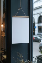 Poster - A white sign hangs from a window