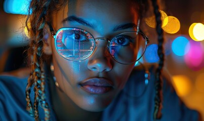 Wall Mural - Person wearing glasses codes on a computer with holograms at night.