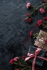 Wall Mural - A black box with a red ribbon sits on a black background