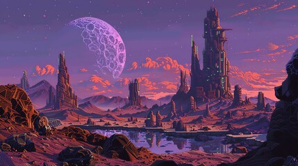 Pixel art landscape of an alien planet with strange rock formations, purple sky, futuristic buildings, surreal style, high detail, scifi theme