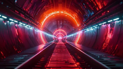 Poster - A vibrant, futuristic tunnel with glowing neon lights and tracks leading towards a bright, distant end.