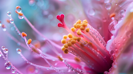 Wall Mural - Close up of the Flower. Macro Photography with Drops. Flowers at Spring time. Beauty Flora and Blossom Closeup. Beautiful Garden Plant in Pink Color 