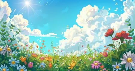 Sunny Meadow with Colorful Flowers and Fluffy Clouds