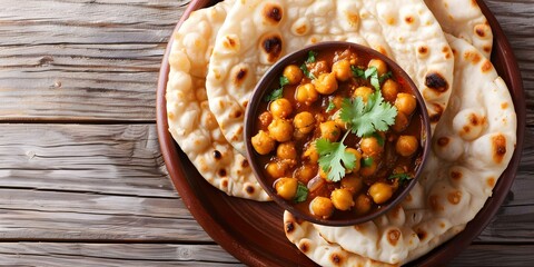 Wall Mural - Spicy chickpea curry with fried bread on colorful plate in a Punjabi street market. Concept Food Photography, Indian Cuisine, Street Food, Punjabi Culture, Vibrant Colors