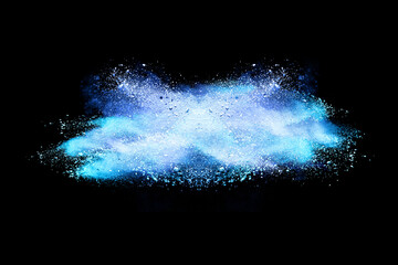 Wall Mural - abstract powder splatted background. blue powder explosion on black background. colored cloud. color