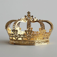 A vector 3D realistic golden crown icon is shown in close-up, isolated on a white background. The crown features a yellow metallic design.