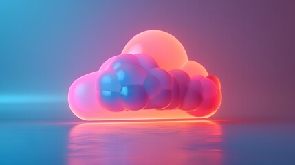 Poster - Glowing neon cloud in futuristic gradient colors, showcasing innovative design and modern digital concept against a reflective surface.