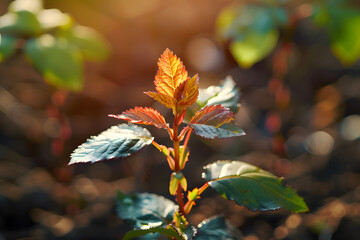 Wall Mural - A sprout of rose leaves in the garden,, photorealism, sunlight, warm light, macro photography,