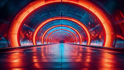 Poster - A long, futuristic tunnel with neon lights in a circular pattern.