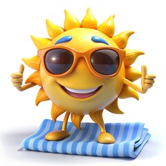 Wall Mural - 3D sun funny cartoon character with sunglasses and a beach towel on white background illustration