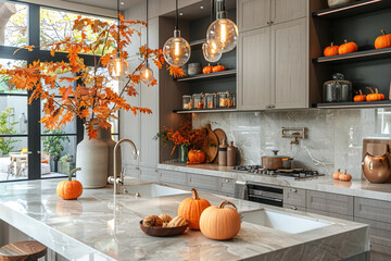 Modern kitchen interior decorated for fall with orange pumpkins, autumn home decoration