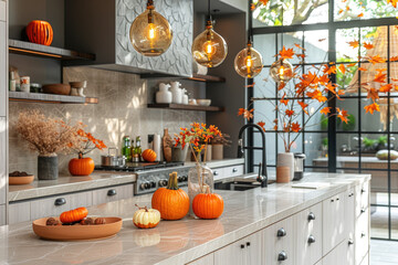 Modern kitchen interior decorated for fall with orange pumpkins, autumn home decoration