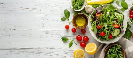 Wall Mural - Fresh green salad with healthy vegetarian ingredients and kitchenware on white wooden surface, top-down perspective, empty space for text.