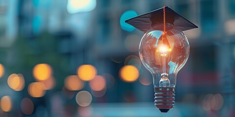 A close shot of a light bulb with graduation hat gloating against a blurry building backdrop a concept of housing sector, Generative AI.