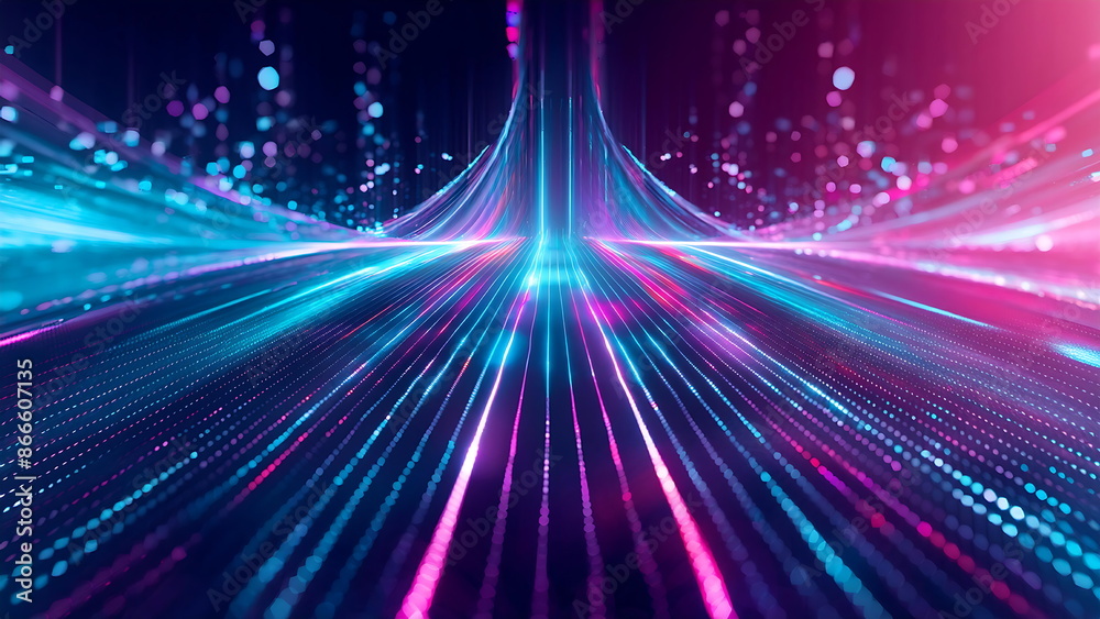 Abstract digital data flow in neon blue and pink color, glowing digital ...