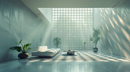 Poster - A modern minimalist living room with a geometric patterned folding screen.