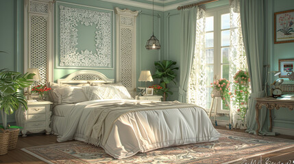 Wall Mural - A stylish bedroom with a delicate lace folding screen backdrop.