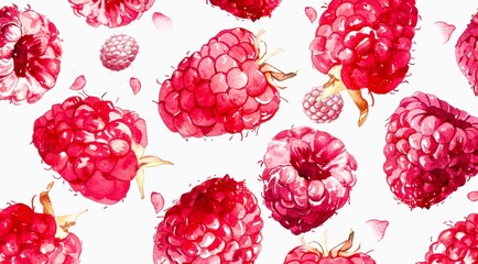 Wall Mural - Fresh raspberries on white background, watercolor pattern design.