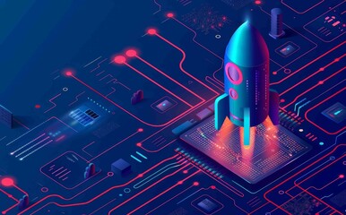 Poster - Bringing artificial intelligence to life. Spaceship launch. Technology background. Processor or semiconductor 3D modern illustration. Abstract technology light blue background.