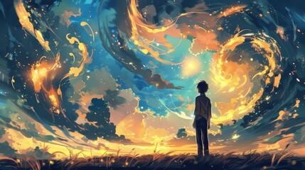 Wall Mural - Standing on a field of flowers against a flaming sky, illustration painting in the digital art style