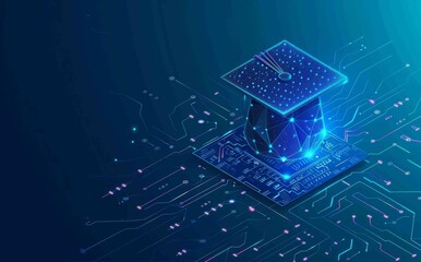 Poster - AI education or machine learning bg. Abstract digital tech background. AI chip with light neon effects. AI concept. Low poly wireframe modern illustration.