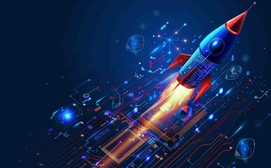 Poster - Abstract web page with a digital rocket, light CPU processor, and technology blue background. Semiconductor or microchip and launch spaceship. Technology innovation in electronics. Wireframe Tech Bg