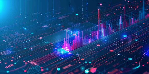 Poster - Candlesticks and AI chip in low poly wireframe tech blue. Backgrounds in stock market and artificial intelligence. Interfaces in the digital world by using microchips or processors. Modern