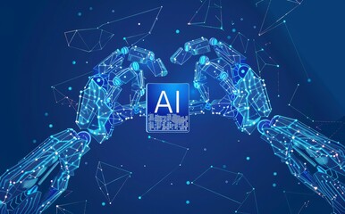 Poster - Artificial Intelligence chip created by industrial robotic arms on a dark blue background. Robot and AI chip concept. Low poly digital modern illustration.