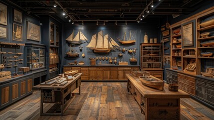 A museum exhibit featuring historical shipbuilding tools and models, showcasing heritage and tradition in an educational setting, emphasizing history and craftsmanship. 