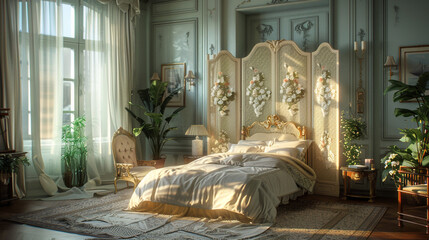 Poster - A stylish bedroom with a delicate lace folding screen backdrop.