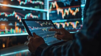 Poster - Working together in business. Businessman uses tablet to analyze data for stock market in monitoring room with team pointing to the chart.