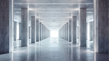 Poster - An elegant underground garage tunnel corridor with white glow smooth columns. Contemporary dark concrete cement asphalt futuristic spaceship 3D rendering.