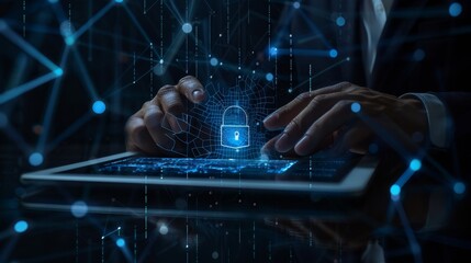 Poster - businessman protecting data on a tablet. internet technology and padlock icon on digital data protec