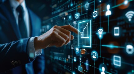 Poster - On a dark blue virtual screen, a businessman touches an icon representing online banking and online payments, shopping, and digital technology business.
