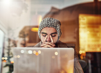 Poster - Man, tired and laptop in cafe by window with studying, headache and digital elearning problem. Coffee shop, restaurant and computer with typing, deadline and online university website with student