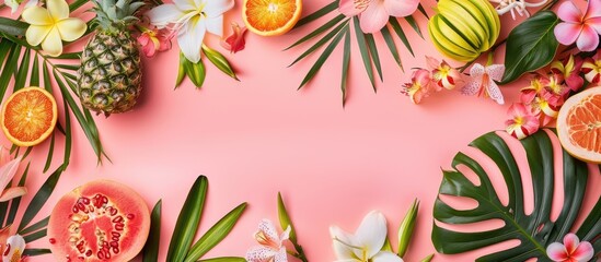 Canvas Print - Tropical flowers and fruits arranged in a summery flat lay on a pink background from above, providing space for text