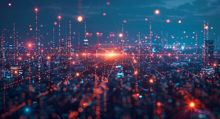 Poster - 5G network wireless systems with digital holograms and the internet of things on a city background.