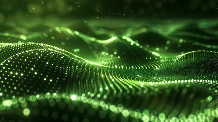 Poster - Technology flow background. Dynamic wave with green dots. 3D rendering.