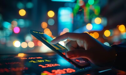 Poster - An atmospheric nighttime city with a stock exchange market concept of a hand trader touching on a smartphone with a graphs analysis candle line on bokeh colors light in the background.