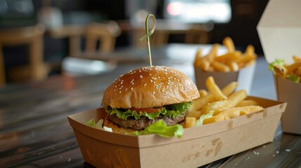 Poster - Appetizing fast food meal with a burger and fries in disposable containers, perfect for quick bites