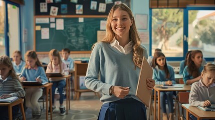 Canvas Print - The young teacher in class