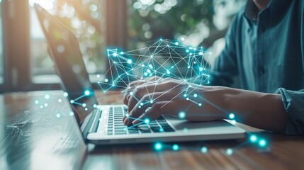 Poster - Hands of a male with laptop. Man working remotely from home. Concepts of networking and remote work. Global business network. Online courses.