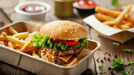 Poster - Appetizing hamburger and crispy fries served in takeaway containers, ideal for quick and tasty meals