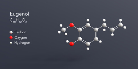 Wall Mural - eugenol molecule 3d rendering, flat molecular structure with chemical formula and atoms color coding