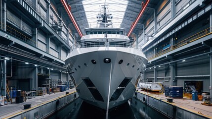 A state-of-the-art research vessel being built, showcasing scientific equipment and design in a modern shipyard, emphasizing exploration and discovery. 8