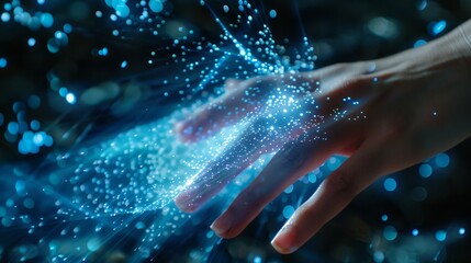Poster - A woman touching the metaverse universe, Conceptualization for the next generation of technology.