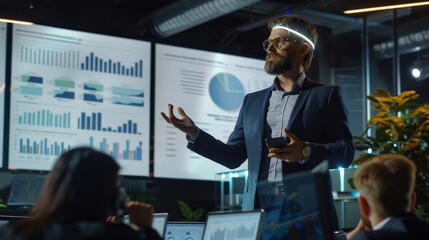 Poster - Graphs, Product Sales, Revenue Growth Strategy, e-Commerce Analysis shown in projector screen for Investors and Businesspeople attending conference.